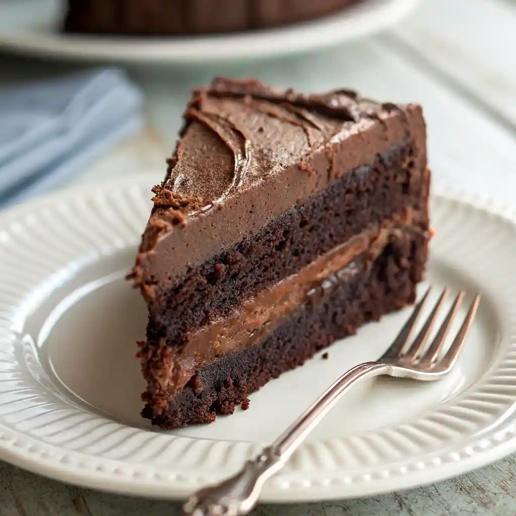 chocolate layer cake with thick buttercream frosting and soft texture on a white plate.