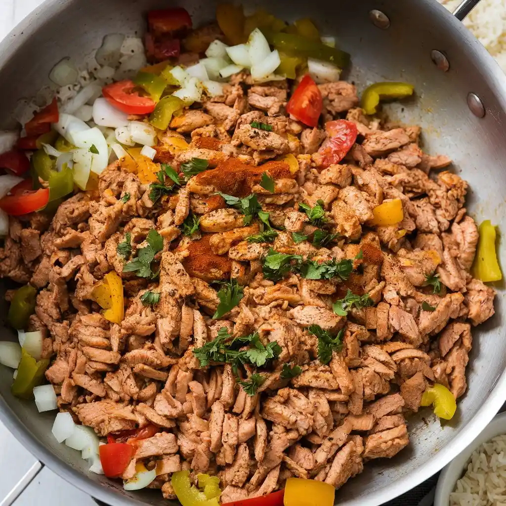 A sizzling Ground Chicken Recipe in a pan, cooked with onions, green peppers, tomatoes, and a blend of spices and herbs on a wooden background.