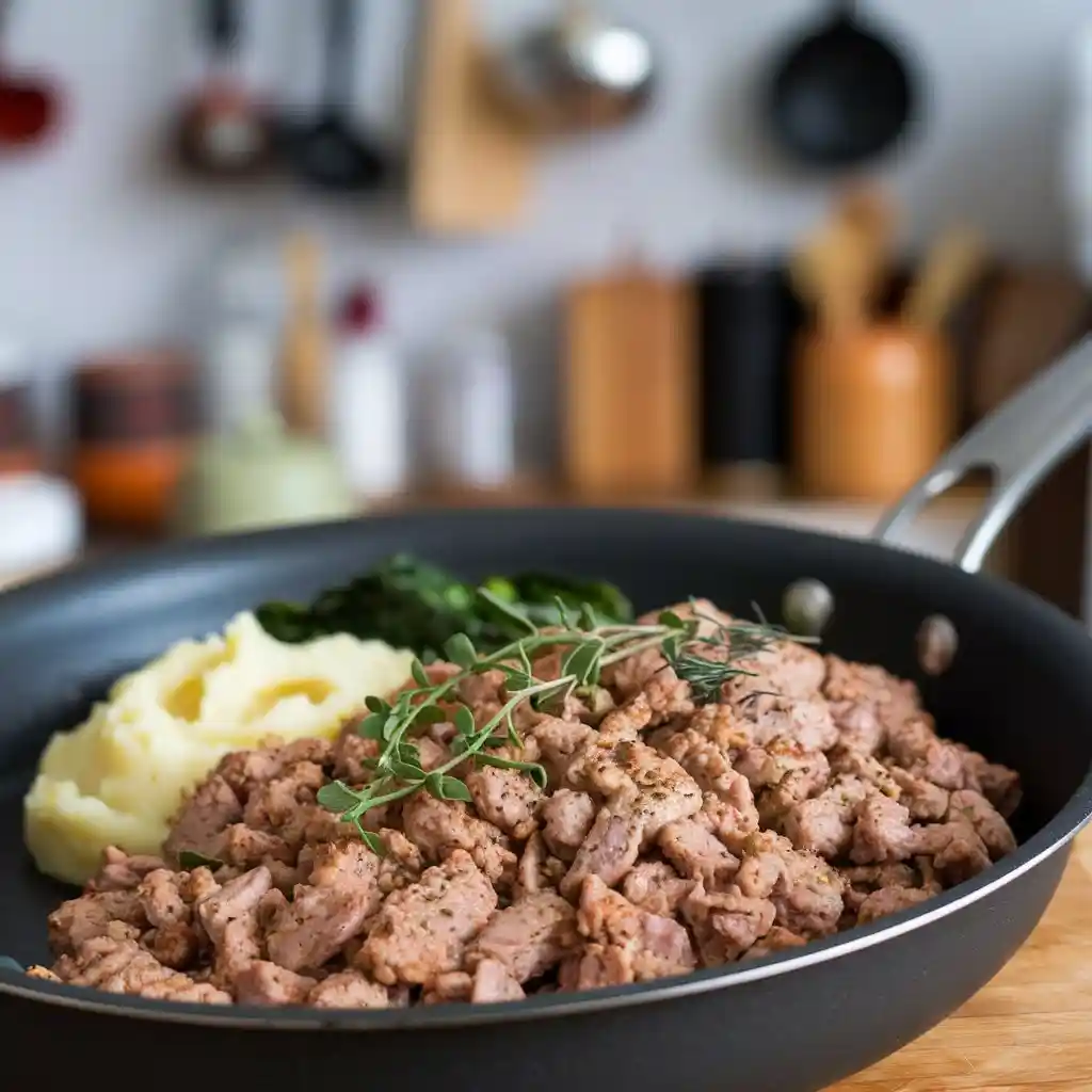 A hearty Ground Chicken Recipe served with mashed potatoes and green vegetables, seasoned with spices and herbs, plated on a wooden surface.