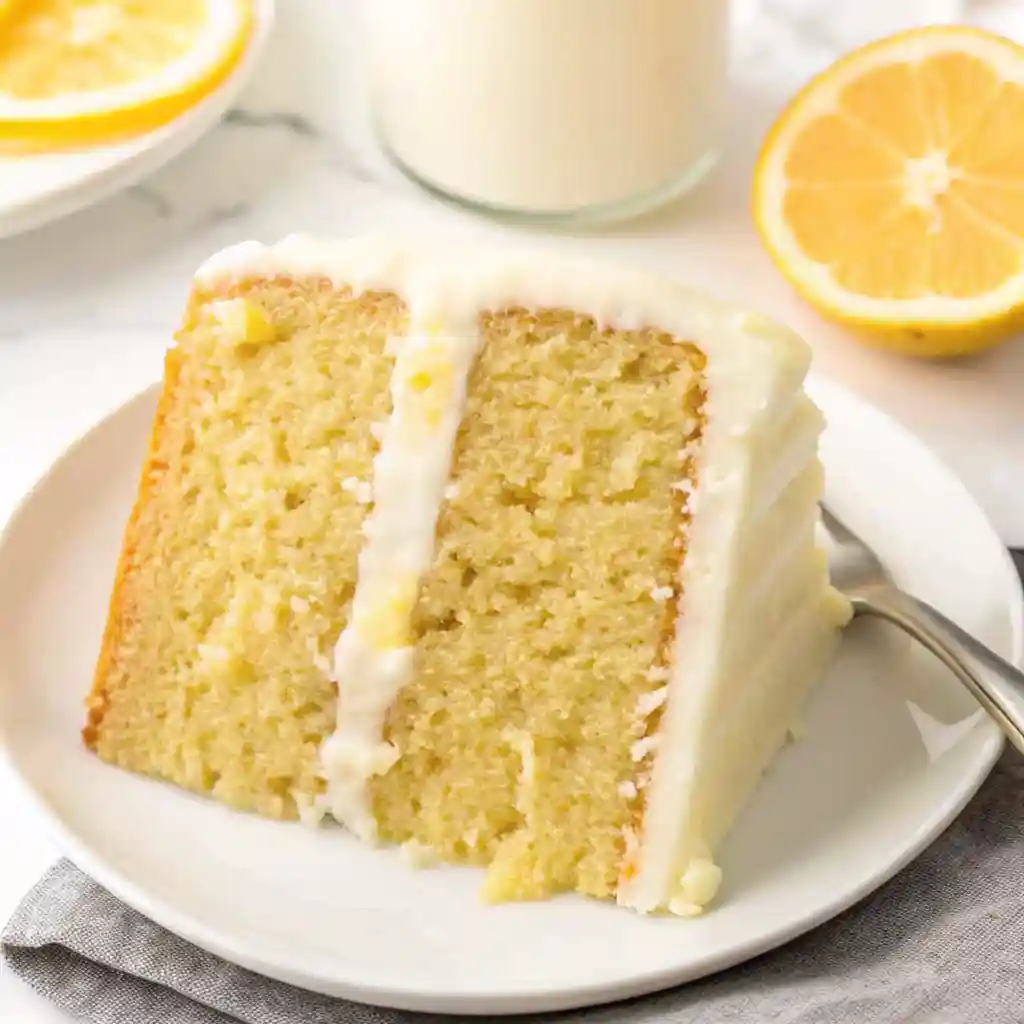Close-up of a slice of two-layer lemon cake with creamy frosting on a white plate, with a fork and a lemon slice in the background.