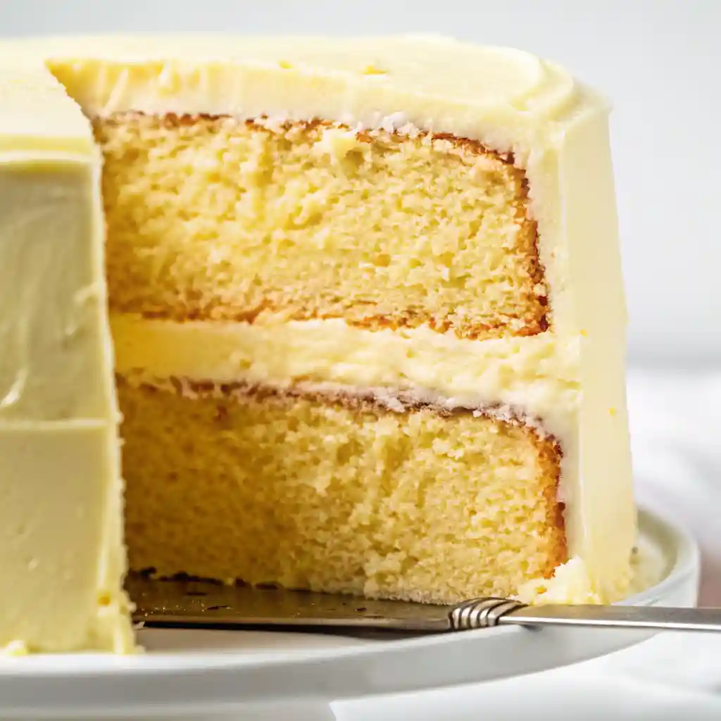 Side view of a sliced two-layer lemon cake on a white cake stand with creamy lemon frosting and a golden, moist crumb.