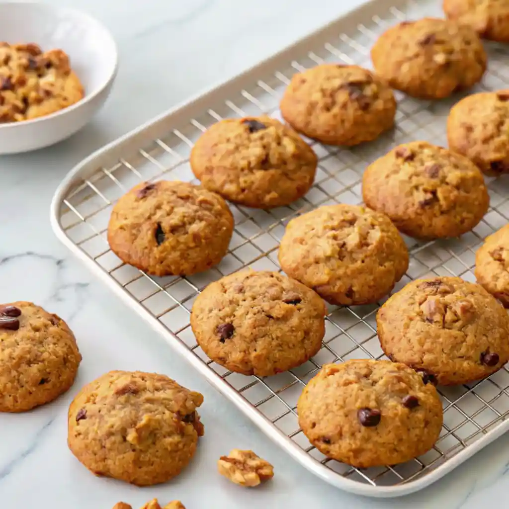 Golden-brown persimmon cookies with walnuts and raisins on a white plate, arranged in rows over a marble surface.