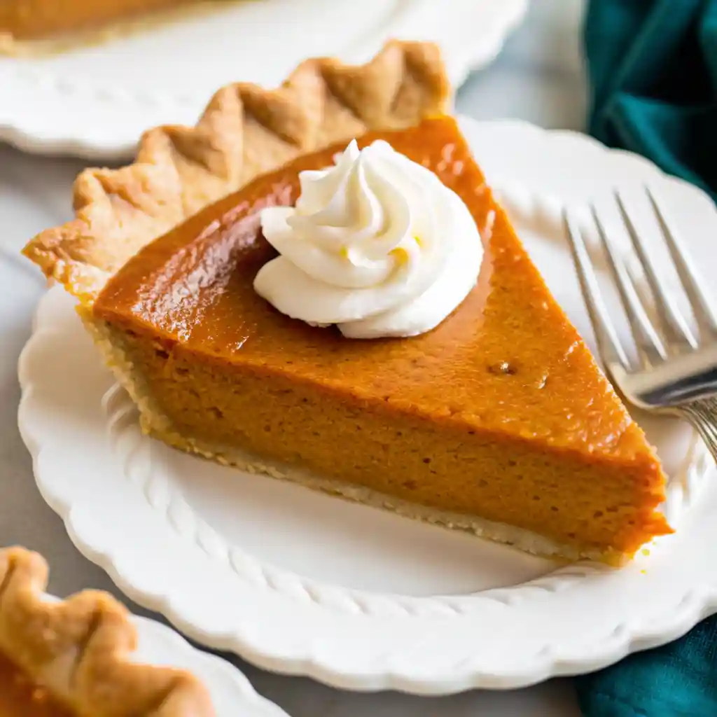 Close-up of a slice of pumpkin pie with whipped cream on a white plate, fluted crust, and silver fork.