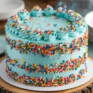 A fun and colorful funfetti birthday cake with light blue frosting, rainbow sprinkles, and multiple layers on a wooden cake stand.