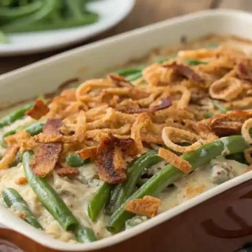 Delicious green bean casserole recipe with crispy fried onions on top, served in a rustic dish.