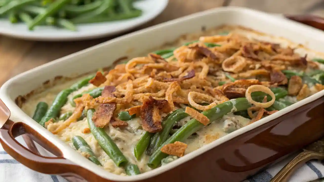 Delicious green bean casserole recipe with crispy fried onions on top, served in a rustic dish.