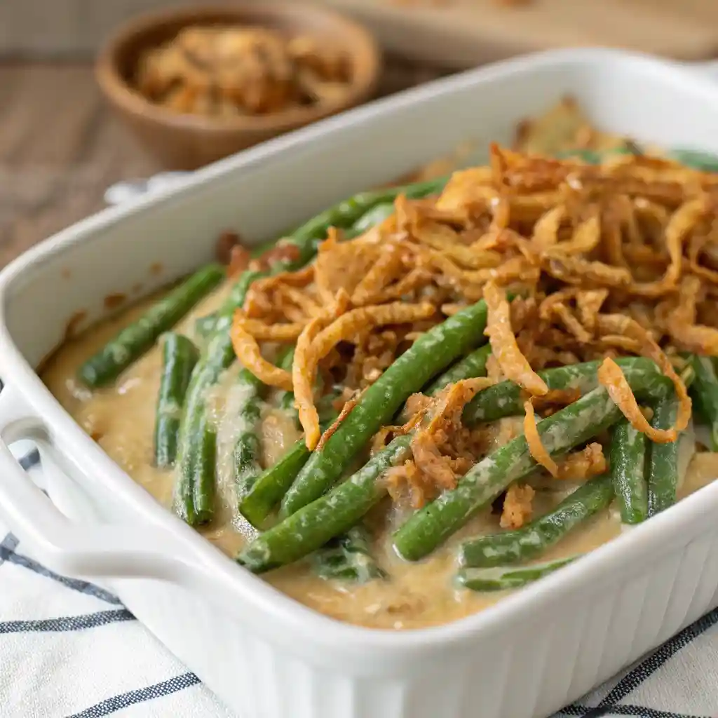 Green bean casserole recipe with creamy sauce and crunchy fried onions topping.
