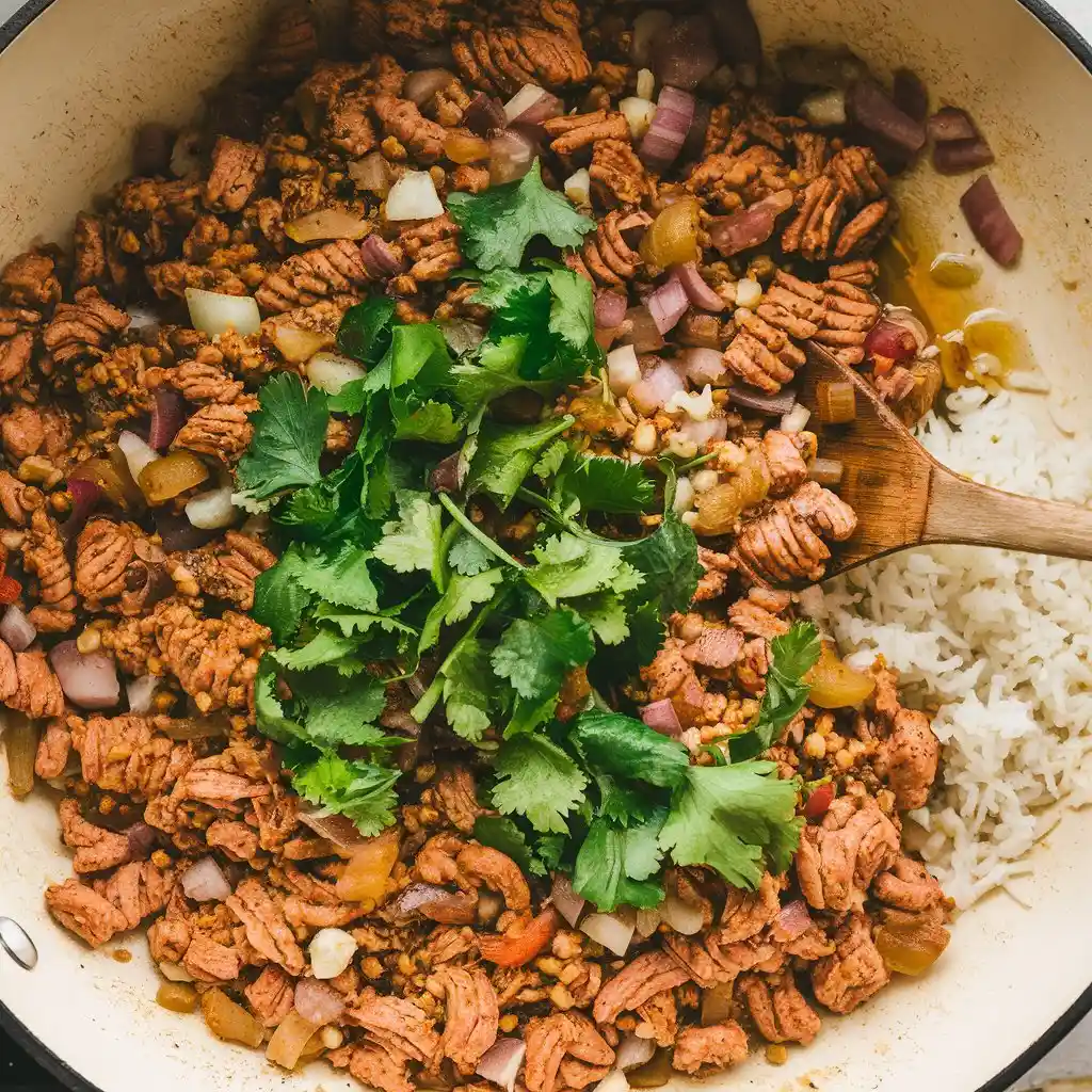 A flavorful Ground Chicken Recipe pan-seared with diced onions, minced garlic, and spices, served with rice and topped with fresh cilantro.