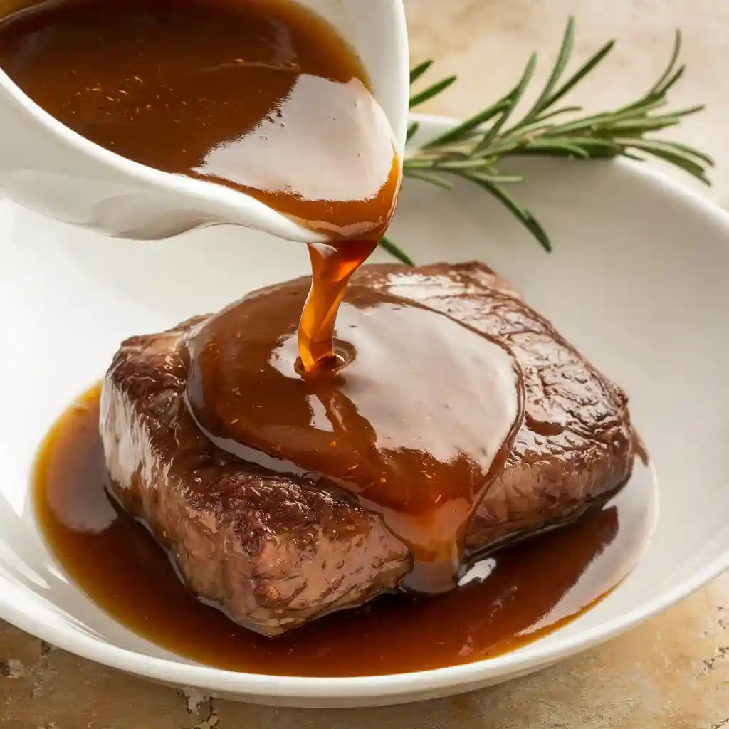 A golden demi-glace recipe in a white bowl being poured over a piece of meat, with a sprig of rosemary on the edge.