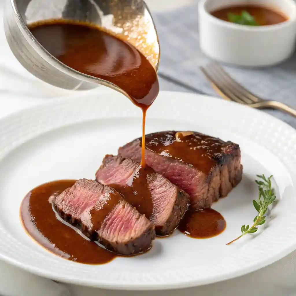 Close-up side view of glossy demi-glace being poured from a ladle over sliced medium-rare steak on a white plate.