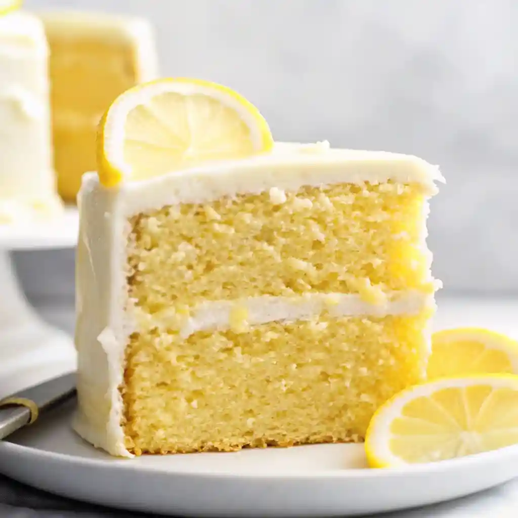 Close-up of a sliced two-layer lemon cake with creamy frosting and lemon slice garnish on a white surface with bright natural light.