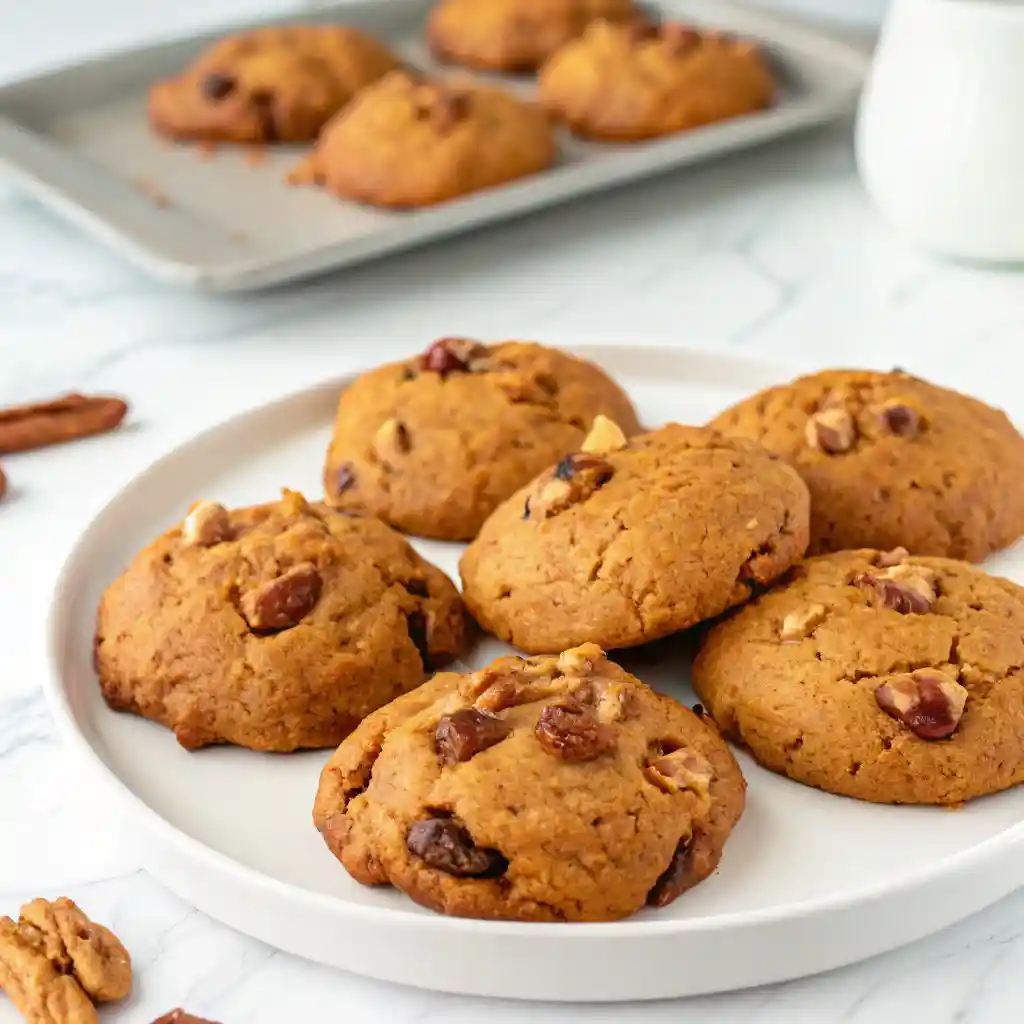 persimmon cookies with nuts and raisins on a white plate over a wooden table.