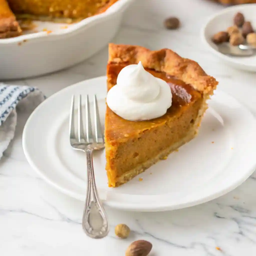 Side view of a rustic pumpkin pie slice with whipped cream on a white plate, styled with nutmeg and a linen napkin.
