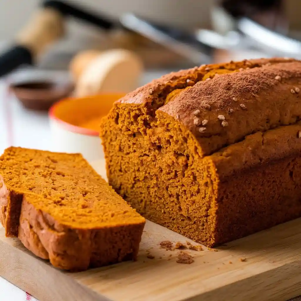 A moist pumpkin bread recipe loaf sliced on a wooden board, sprinkled with cinnamon, with a blurred background featuring cooking utensils.