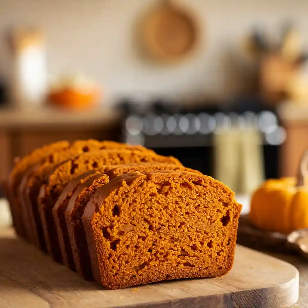 Moist pumpkin bread recipe slices on a wooden board, showcasing a golden-brown crust, with a warm, inviting kitchen background.