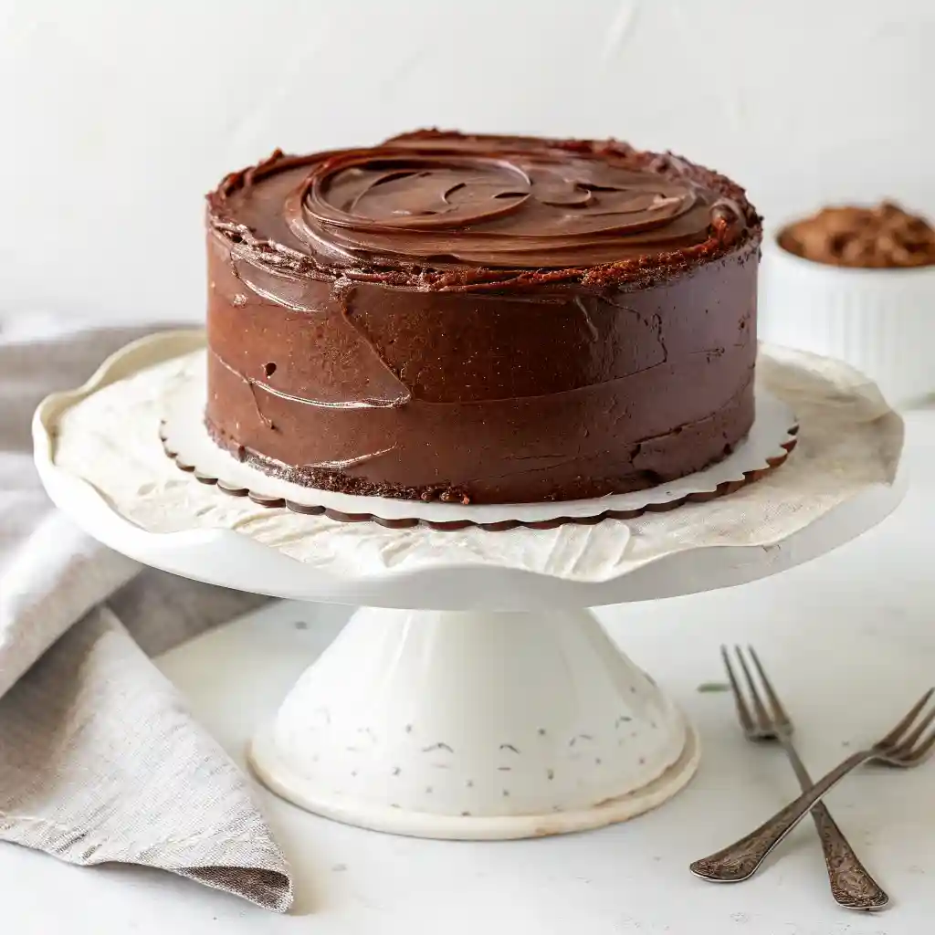Single-layer round chocolate cake recipe with smooth chocolate frosting on a white cake stand.