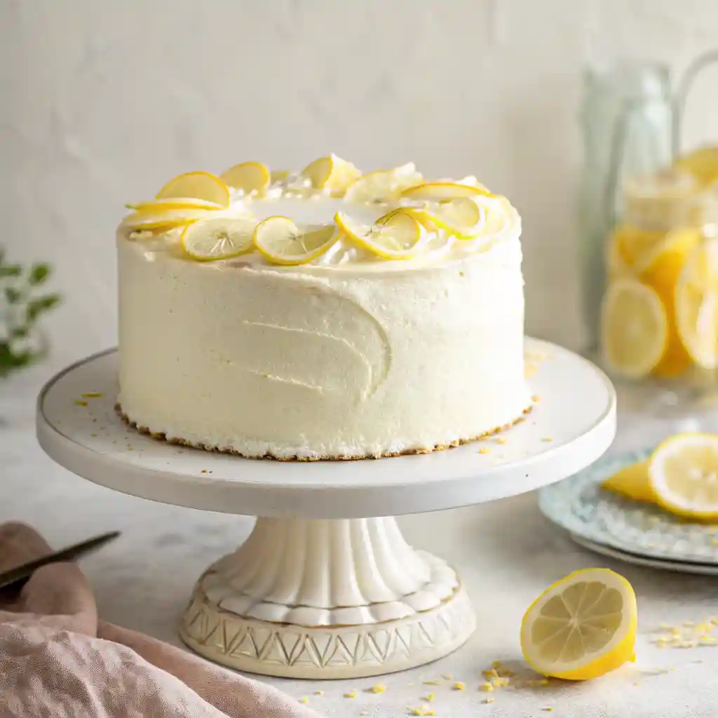 Full view of a rustic two-layer lemon cake on a marble cake stand with lemon frosting and lemon slice garnish.