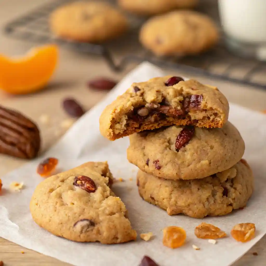 Close-up of thick persimmon cookies with pecans and dried fruit, one broken to show moist interior.