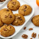 Close-up of golden-brown persimmon cookies with nuts and raisins on a white plate, set against a white marble background.