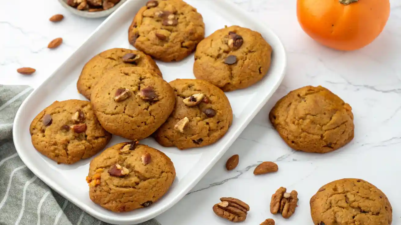 Close-up of golden-brown persimmon cookies with nuts and raisins on a white plate, set against a white marble background.