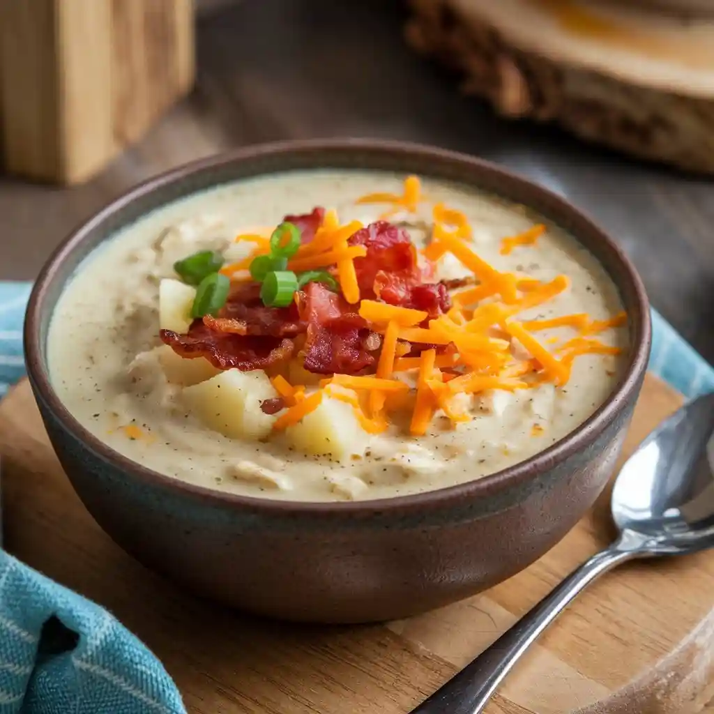 Bowl of loaded baked potato soup with cheddar cheese, bacon, and green onions, served on a board with a spoon in a rustic setting.