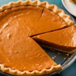 Top-down view of a pumpkin pie recipe in a glass dish with golden crust and a slice pulled out on a marble surface.