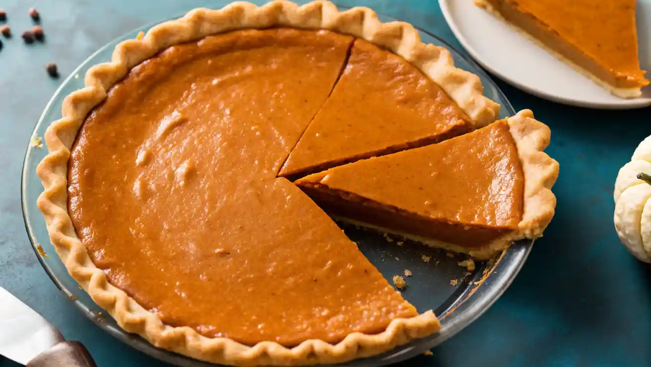 Top-down view of a pumpkin pie recipe in a glass dish with golden crust and a slice pulled out on a marble surface.