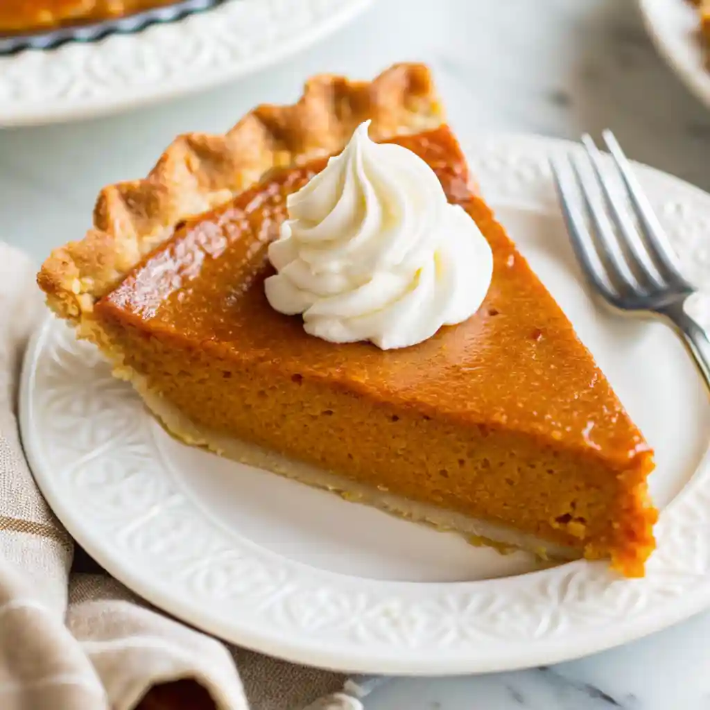 Close-up of a slice of rustic pumpkin pie with whipped cream on a white plate and vintage silver fork.