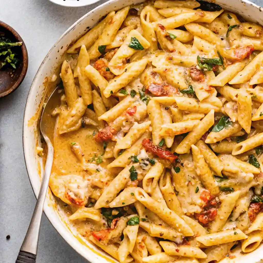 Overhead shot of Marry Me Chicken Pasta with penne, seared chicken, sun-dried tomatoes, and creamy garlic-Parmesan sauce in a white skillet.