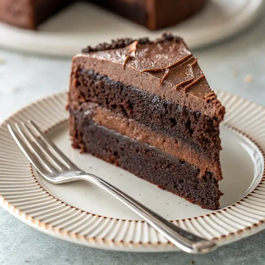 a moist chocolate cake slice with buttercream frosting on a white ridged plate.