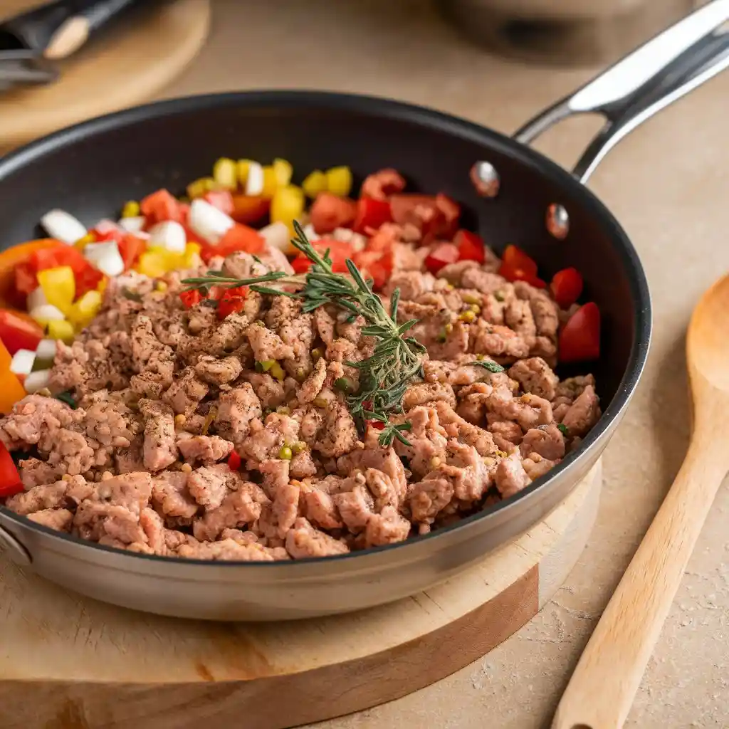 A hearty Ground Chicken Recipe in a skillet, cooked with onions, bell peppers, tomatoes, and spices, placed on a wooden board with a wooden spoon nearby.