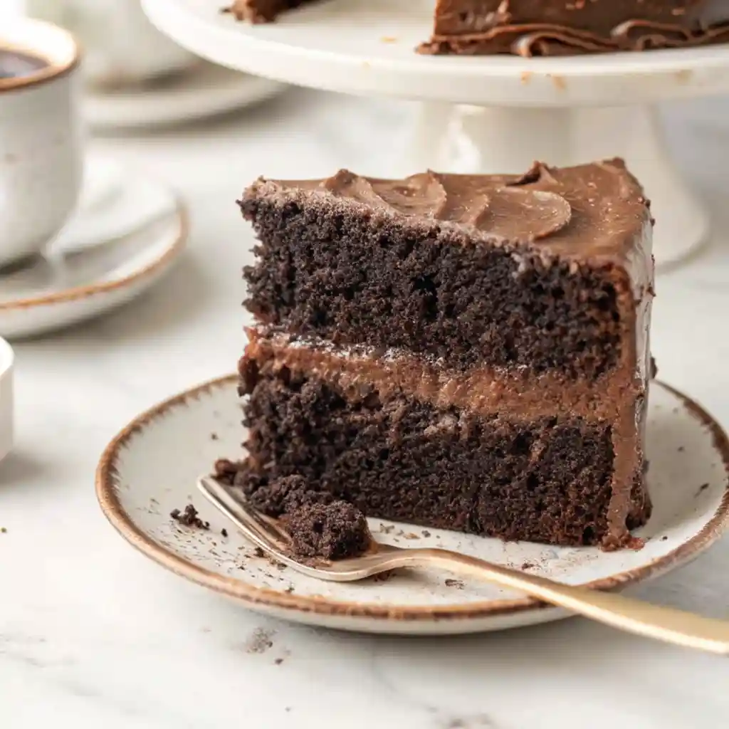 Slice of moist chocolate layer cake on a rustic plate with a fork, soft café-style background.