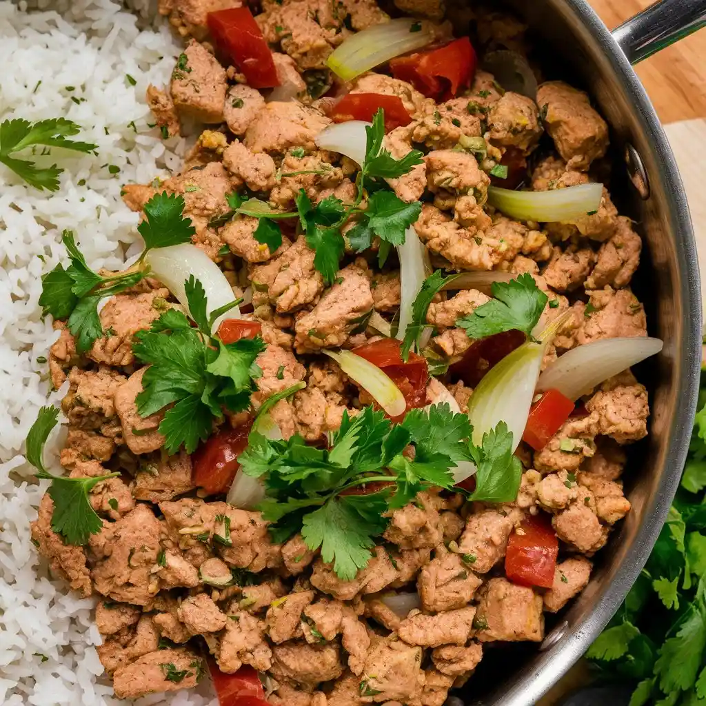 A delicious Ground Chicken Recipe cooked with onions, garlic, and tomatoes, served with rice and garnished with fresh cilantro and parsley.