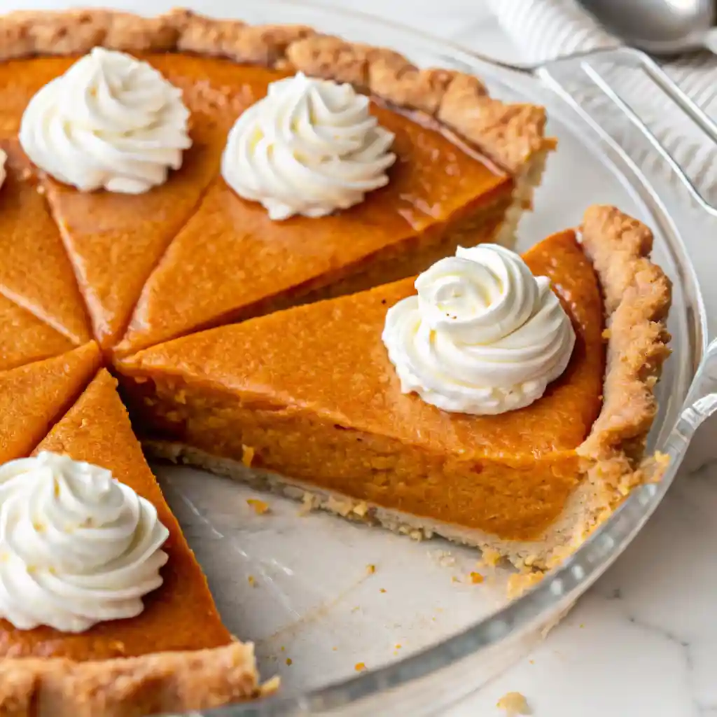 Side-angle view of a sliced pumpkin pie recipe in a glass dish with whipped cream swirls and golden fluted crust.