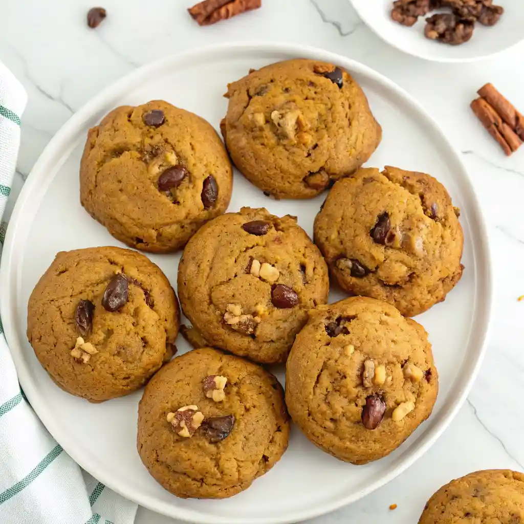 Overhead view of rustic persimmon cookies with nuts and raisins on a white plate over a marble surface.
