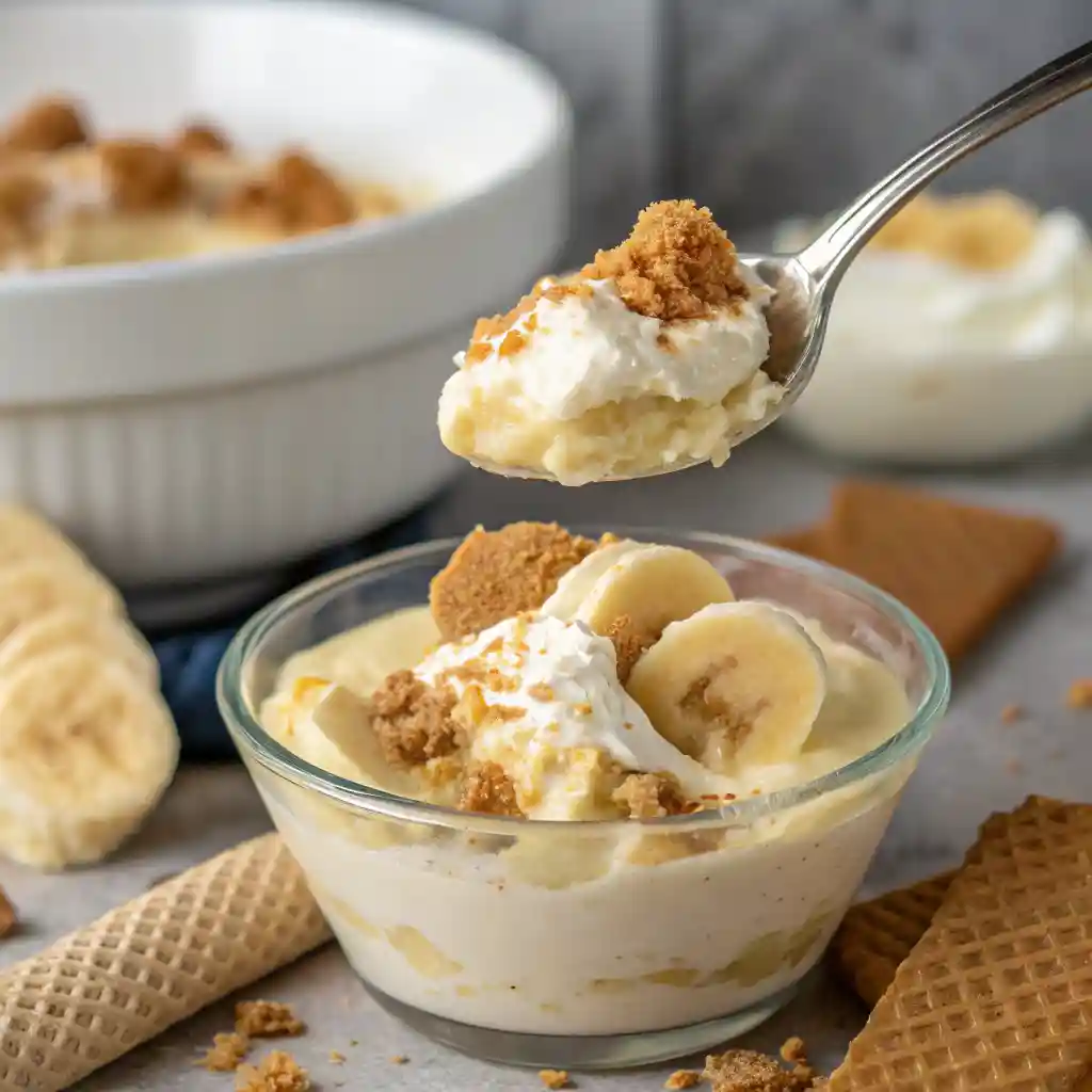 A rich and creamy easy banana pudding recipe layered with fresh banana slices, vanilla wafers, and smooth pudding, topped with whipped cream.