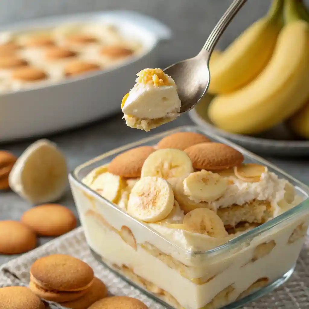 A delicious serving of homemade banana pudding with layers of creamy vanilla pudding, fresh banana slices, and crispy wafers. This easy banana pudding recipe is a must-try dessert.