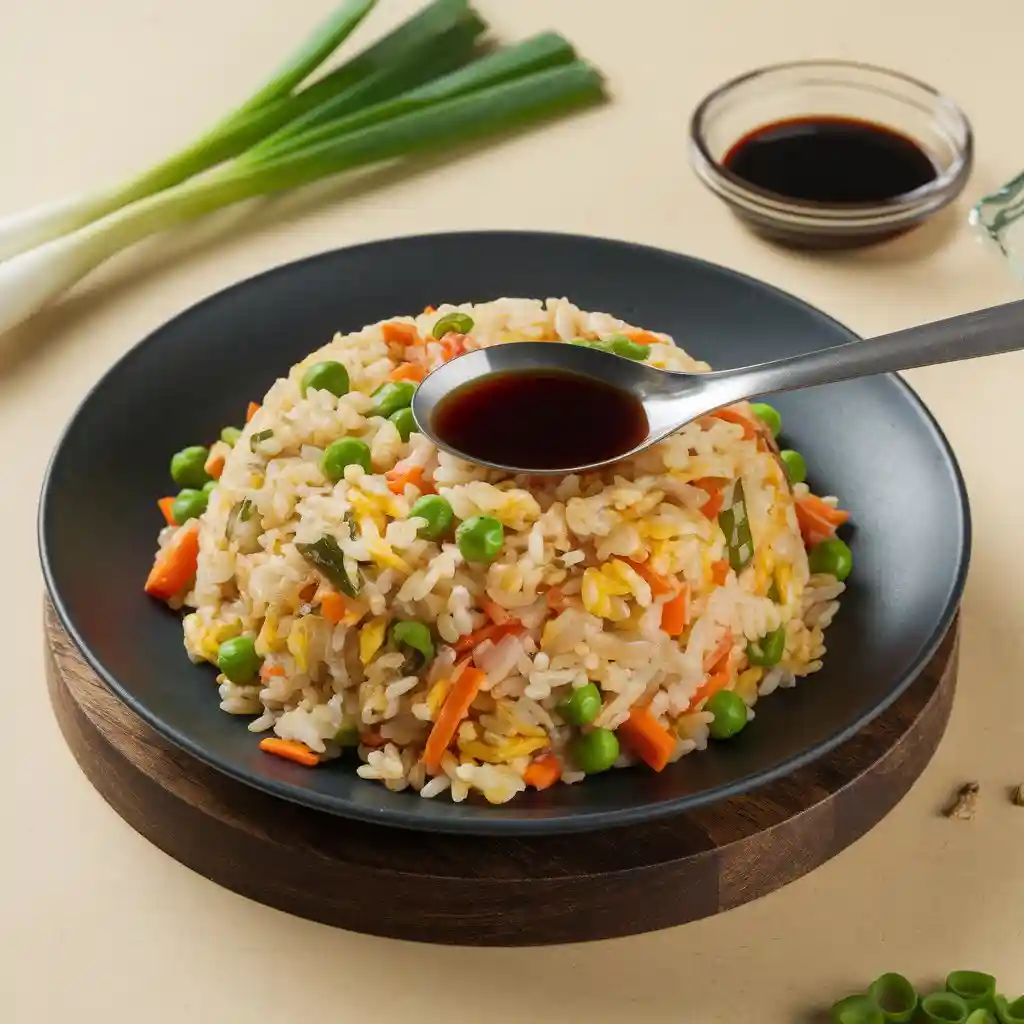 Plate of egg fried rice with vegetables, including peas, carrots, and onions, topped with a spoonful of soy sauce, placed on a wooden base.