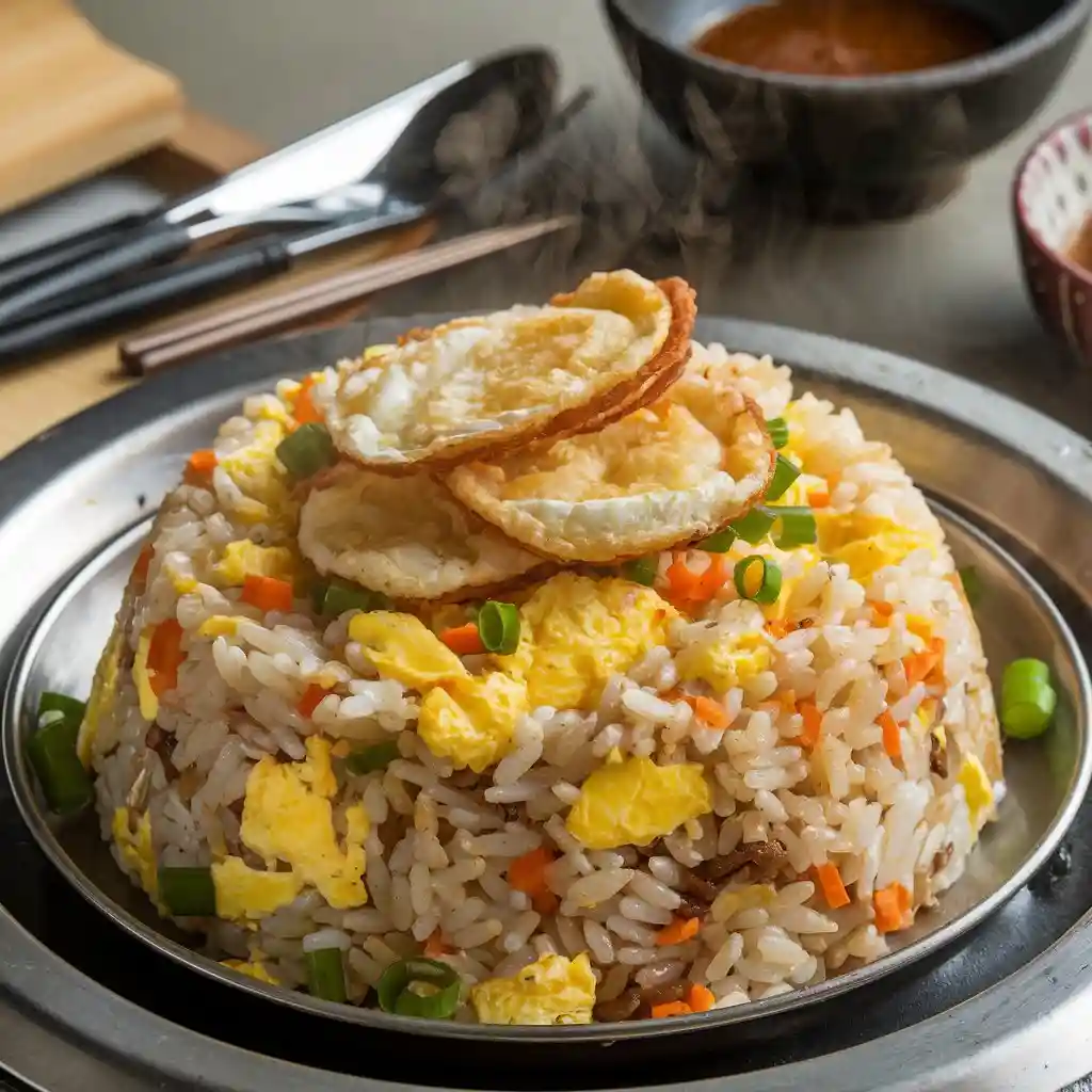 Sizzling hot plate of Authentic Anjappar Egg Fried Rice with scrambled eggs, green onions, carrots, and crispy fried eggs, served with steam rising.