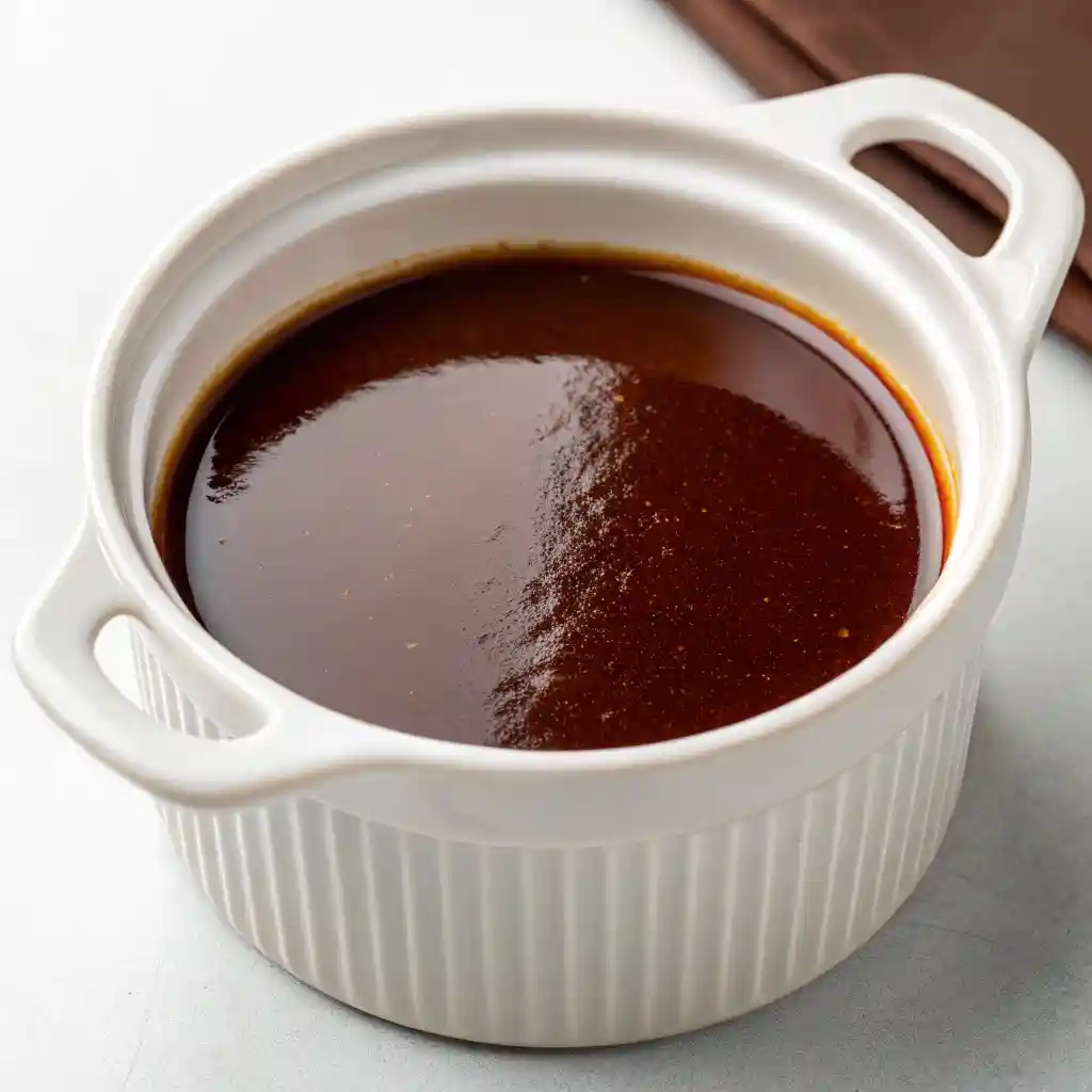 Close-up of glossy demi-glace in a white ceramic dish with ribbed sides, set on a light surface.