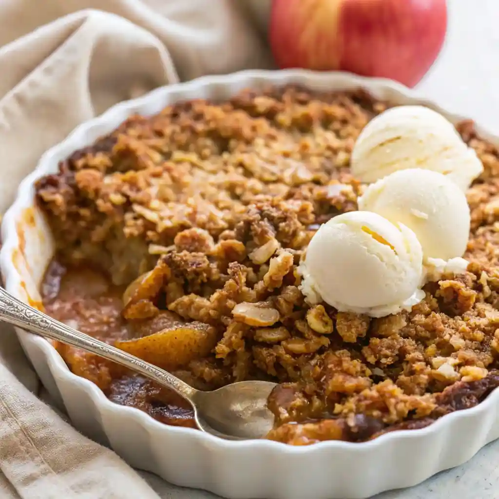 Side view of apple crumble in a white baking dish with melting ice cream and visible cinnamon-spiced apple filling.