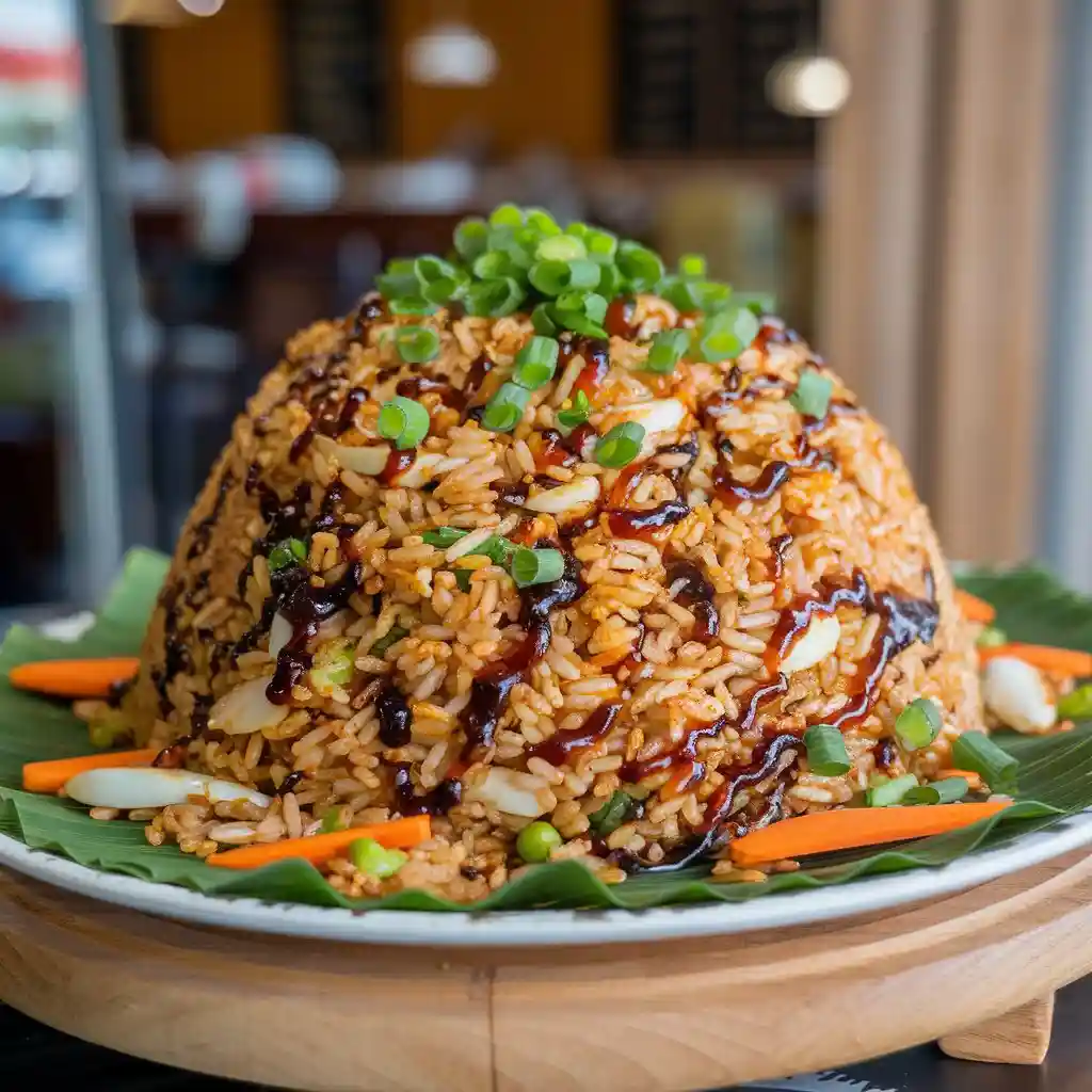 Large plate of Authentic Anjappar Egg Fried Rice stir-fried with eggs, onions, carrots, peas, and soy sauce, garnished with green onions, set on a wooden board.