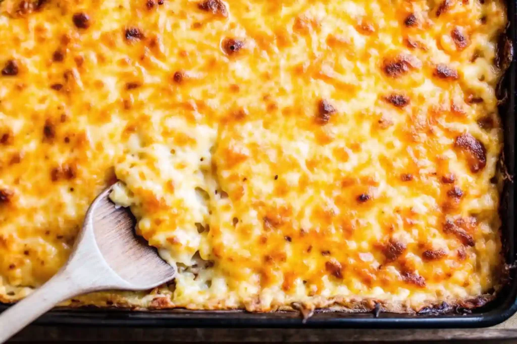Creamy baked mac and cheese in a casserole dish with a golden cheese crust and a wooden spoon scooping out a portion