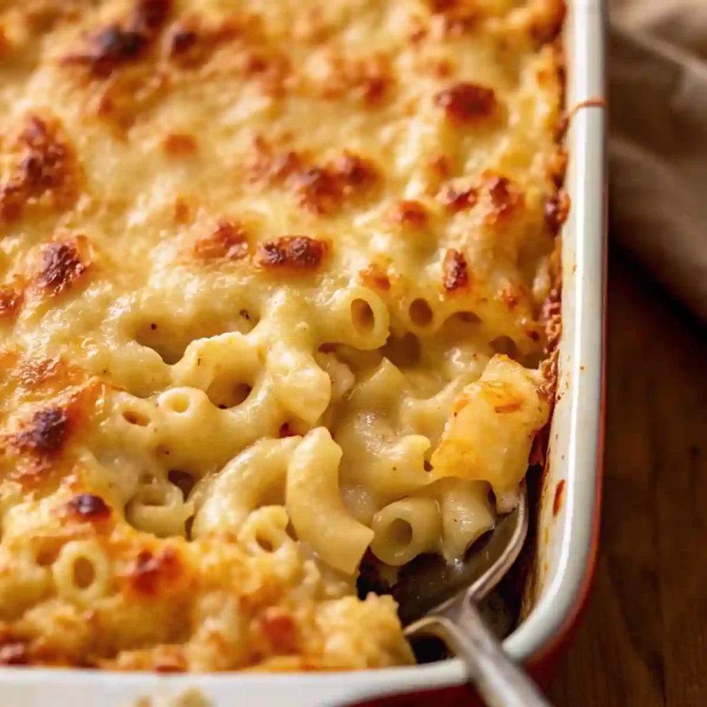 Close-up of creamy baked mac and cheese in a white dish with a spoon lifting a serving