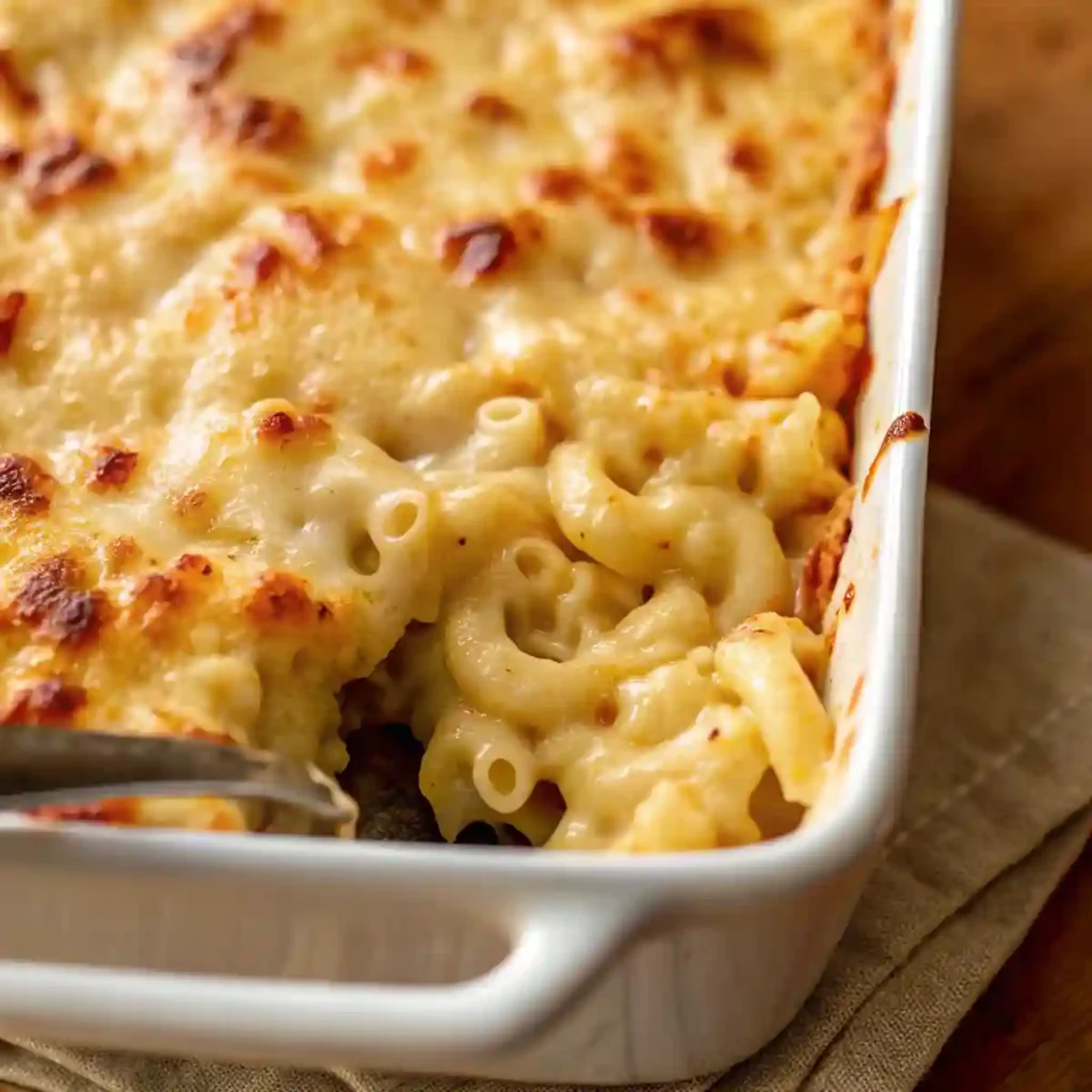 Cheesy baked mac and cheese in a casserole dish with a spoon scooping out creamy pasta