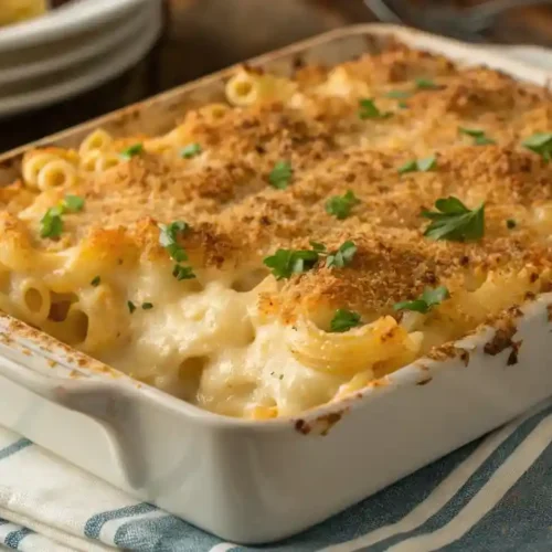 Homemade baked mac and cheese in a casserole dish with a golden, crispy breadcrumb topping and creamy, cheesy pasta bubbling underneath.