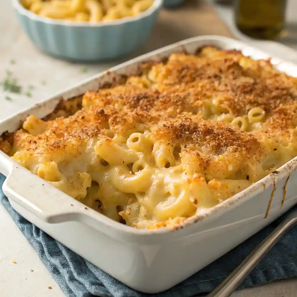 A warm, cheesy baked mac and cheese casserole with a crispy golden topping, served in a rustic dish, ready to be enjoyed.