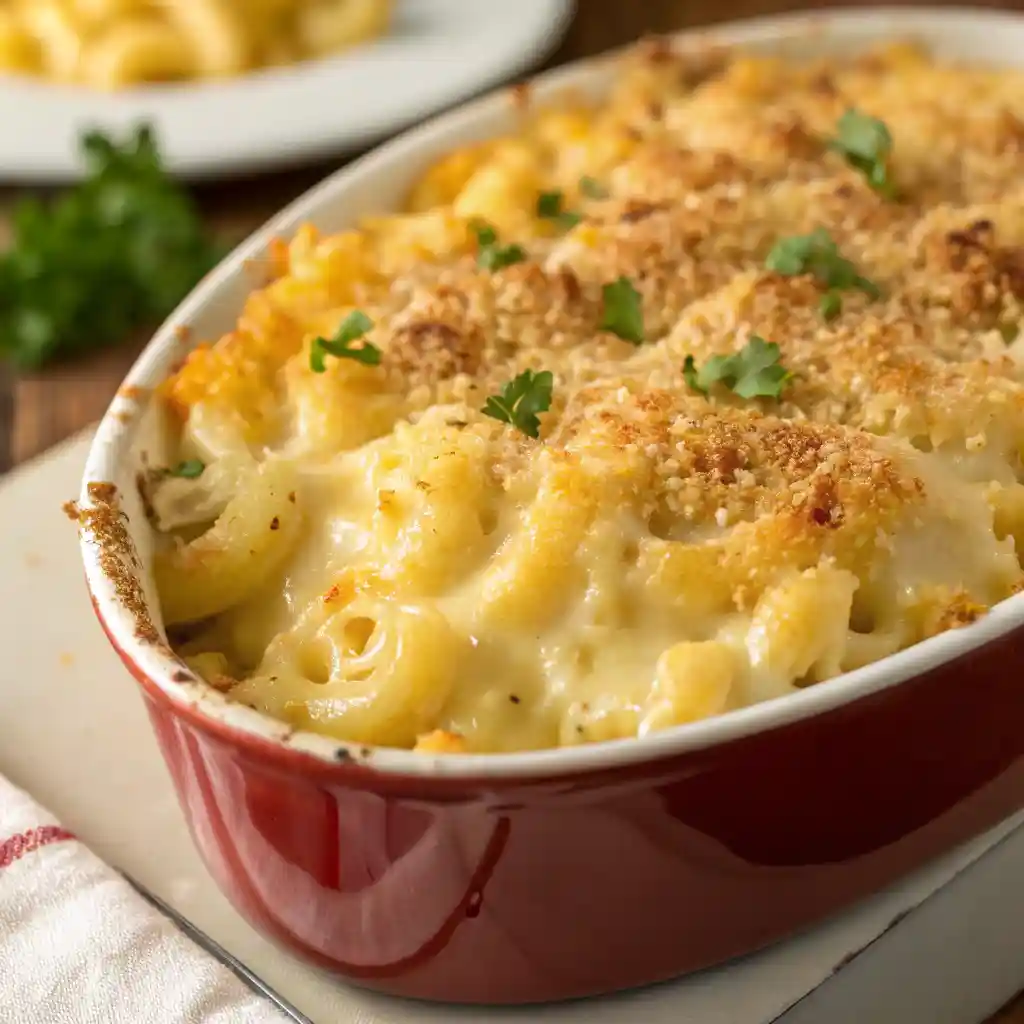 Golden baked mac and cheese with a crispy, buttery topping and creamy cheese sauce, served fresh from the oven.