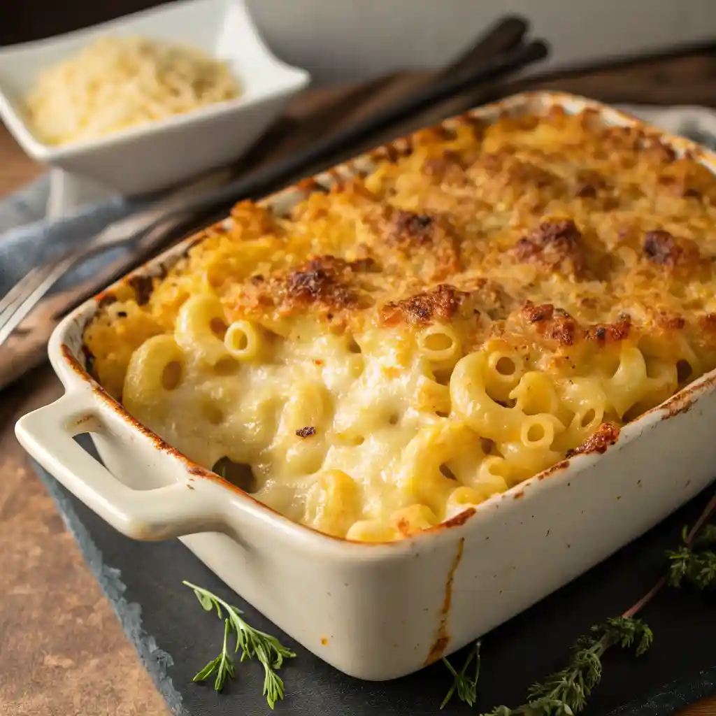 A bubbling dish of baked mac and cheese with a golden, crispy breadcrumb topping and creamy, cheesy pasta underneath.