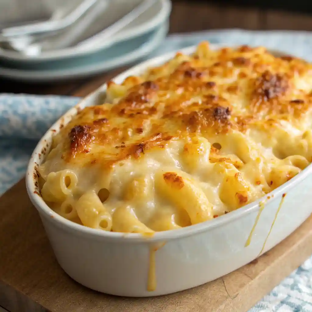 A dish of baked mac and cheese with a golden, crispy topping and creamy, cheesy pasta bubbling underneath.